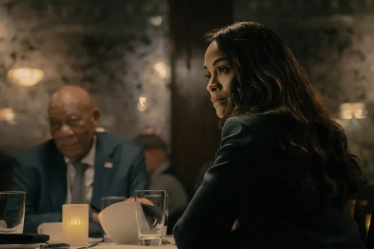 Lioness Season 3 Episode 6 "Sugar Land" L-R: Morgan Freeman as Edwin Mullins and Zoe Saldaña as Joe in Lioness, episode 6, season 3, streaming on Paramount+, 2026. Photo Credit: Ryan Green/Paramount+.