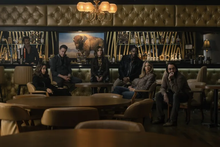 (L-R): Garrett Hedlund as Mitch, Annabella Sciorra as Joanne, Chris Caldovino as Goodie, McKenna Quigley Harrington as Grace, Jay Will as Tyson, Scarlet Stallone as Spencer, and Martin Starr as Bodhi in Tulsa King, episode 2, season 4, streaming on Paramount+, 2026. Photo Credit: Steve Swisher/Paramount+