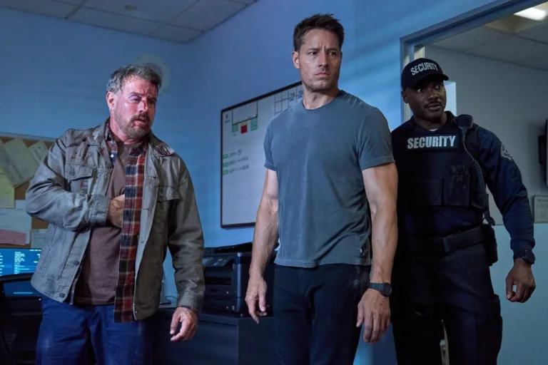 "Safe Harbor" -- Coverage of the CBS Original Series Tracker, scheduled to air on the CBS Television Network. Pictured: Derek Phillips as Sean Wooledge, Justin Hartley as Colter Shaw, Hiram Murray as Security Guard, Photo: Tyler Golden/CBS ©2026 CBS Broadcasting, Inc. All Rights Reserved.