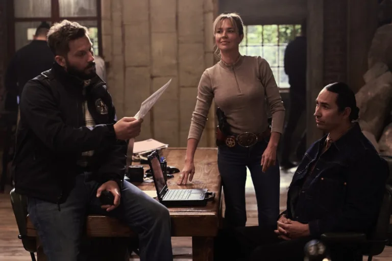 "All Hat No Cattle" -- Coverage of the CBS Original Series Marshals, scheduled to air on the CBS Television Network.   Pictured (L-R): Logan Marshall-Green as Pete Calvin, Arielle Kebbel as Belle Skinner, and Tatanka Means as Miles Kittle.  Photo: Gilles Mingasson/CBS ©2026 CBS Broadcasting, Inc. All Rights Reserved.