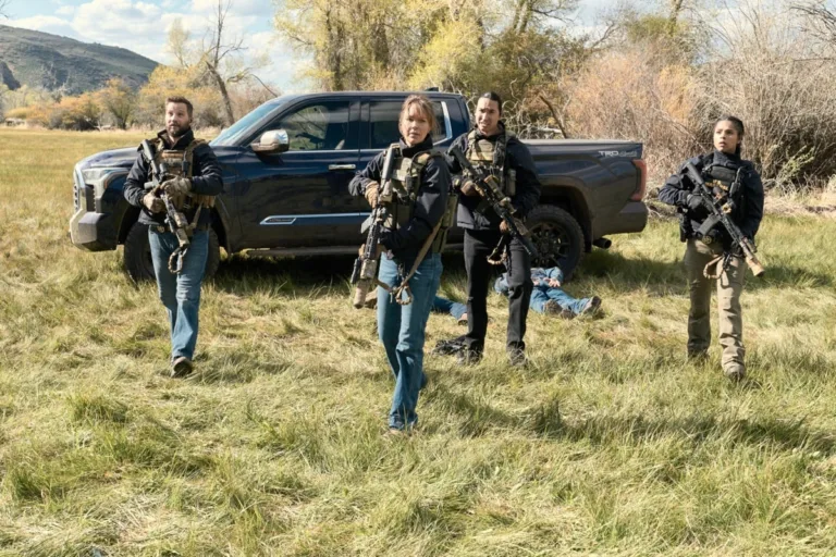 Marshals Season 2 Episode 1 "All Hat No Cattle" -- Coverage of the CBS Original Series Marshals, scheduled to air on the CBS Television Network.   Pictured (L-R): Logan Marshall-Green as Pete Calvin, Arielle Kebbel as Belle Skinner, Tatanka Means as Miles Kittle, and Ash Santos as Andrea Cruz.  Photo: Gilles Mingasson/CBS ©2026 CBS Broadcasting, Inc. All Rights Reserved.