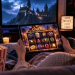 Person playing a movie-themed slot game on a tablet while watching a film at home with popcorn.
