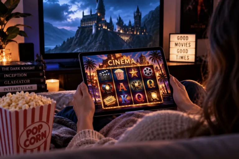 Person playing a movie-themed slot game on a tablet while watching a film at home with popcorn.