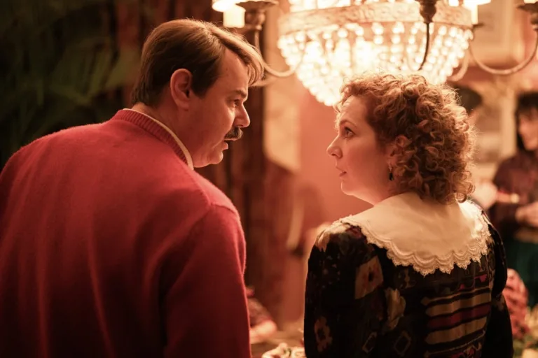Danny Dyer as Freddie Jones and Katherine Parkinson as Lizzie Vereker in Rivals Season 2. Photo: Hulu.