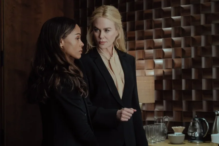 L-R: Zoe Saldaña as Joe and Nicole Kidman as Kaitlynin Lioness, episode 8, season 3, streaming on Paramount+, 2026. Photo Credit: Ryan Green/Paramount+.