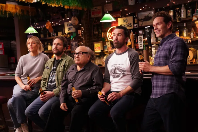 IT'S ALWAYS SUNNY IN PHILADELPHIA — “The War on Alcohol " -- Season 18, Episode 6 -- Pictured: (l-r) Kaitlin Olson as Dee, Charlie Day as Charlie, Danny De Vito as Frank, Rob Mc as Mac, Glenn Howerton as Dennis. CR: Patrick McElhenney/FX