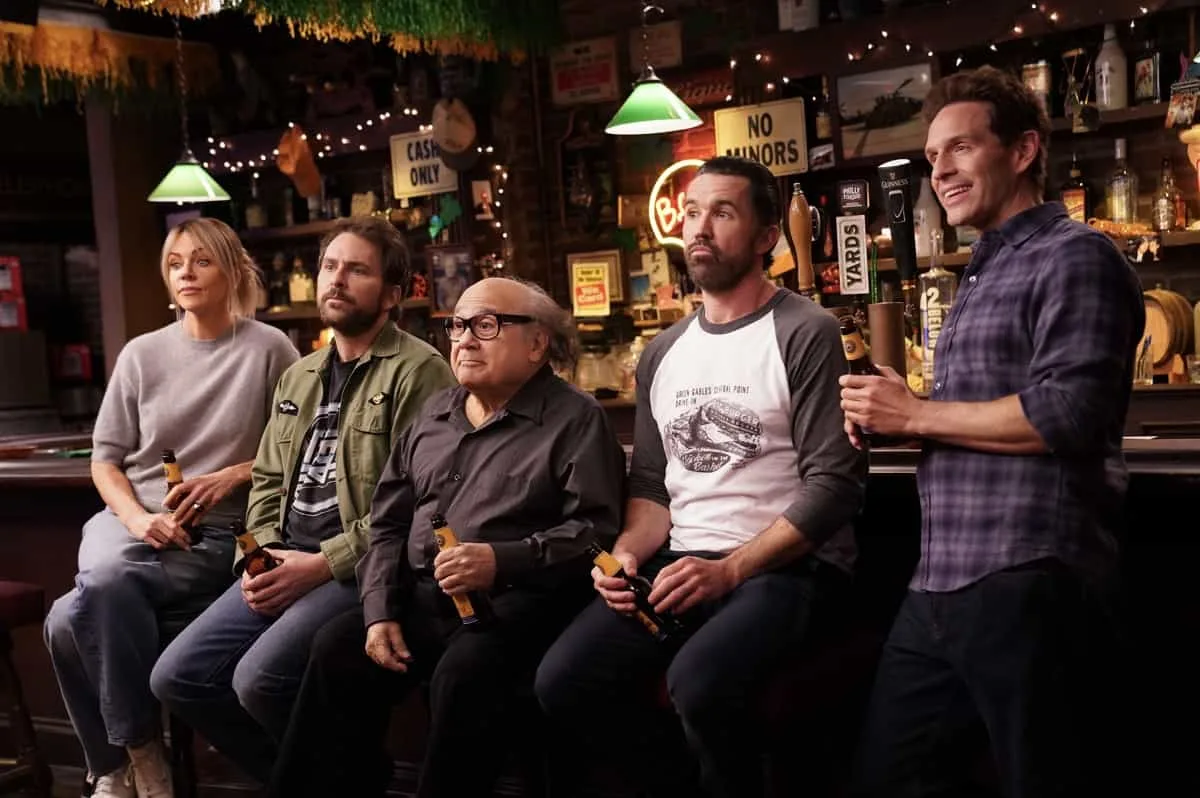 IT'S ALWAYS SUNNY IN PHILADELPHIA — “The War on Alcohol " -- Season 18, Episode 6 -- Pictured: (l-r) Kaitlin Olson as Dee, Charlie Day as Charlie, Danny De Vito as Frank, Rob Mc as Mac, Glenn Howerton as Dennis. CR: Patrick McElhenney/FX
