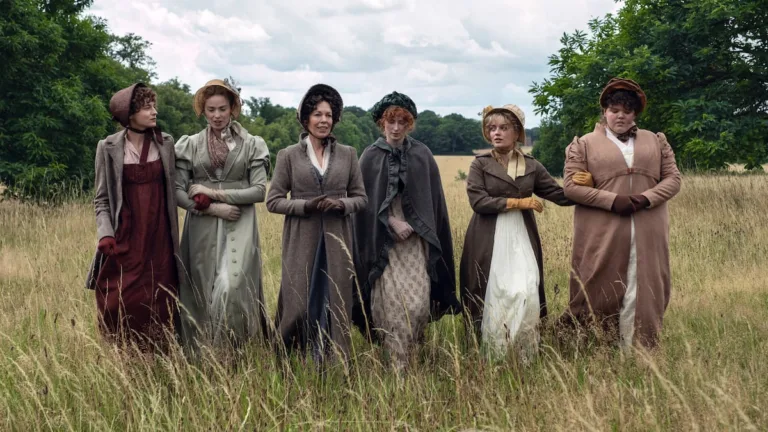 Pride and Prejudice Netflix Series (L-R) Emma Corrin, Freya Mavor, Olivia Colman, Hopey Parish, Hollie Avery