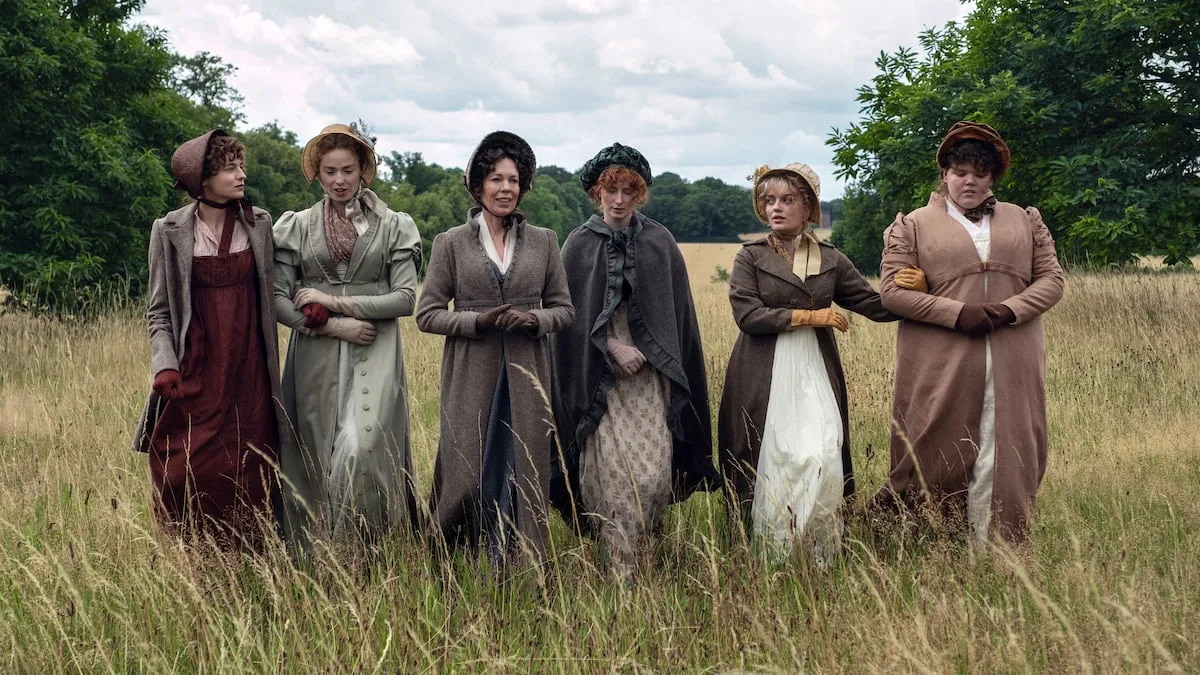 Pride and Prejudice Netflix Series (L-R) Emma Corrin, Freya Mavor, Olivia Colman, Hopey Parish, Hollie Avery