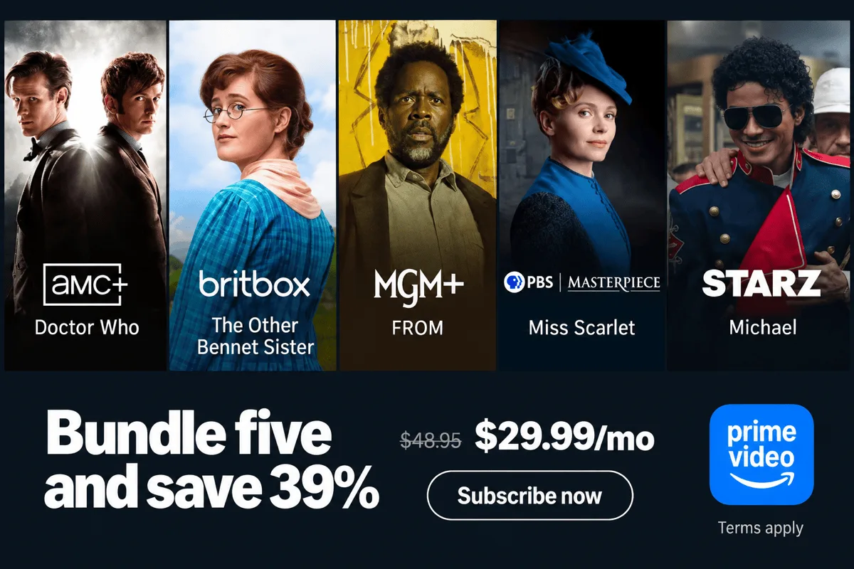 Prime Video promotional graphic for the AMC+, BritBox, MGM+, PBS Masterpiece and STARZ bundle