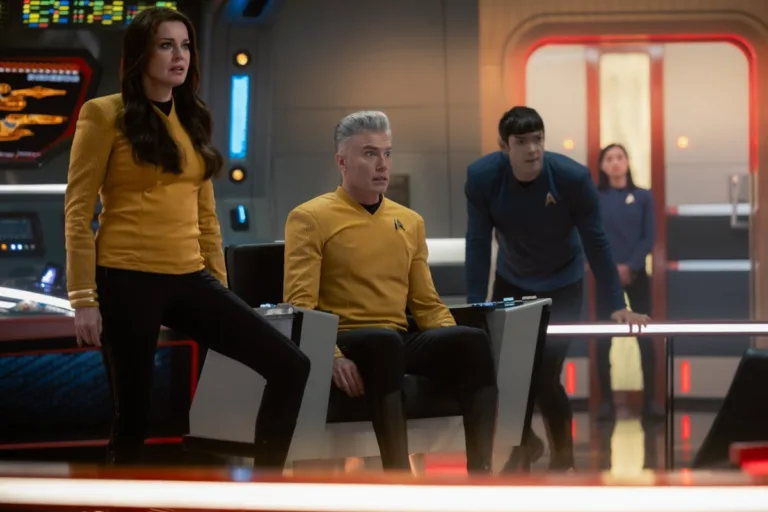 Star Trek Season 4 Episode 9 Recap Once La'an A Time(L-R): Rebecca Romijn as Una, Anson Mount as Captain Pike, and Ethan Peck as Spock in Star Trek: Strange New Worlds, episode 9, season 4, streaming on Paramount+, 2026. Photo Credit: Jan Thijs/Paramount+