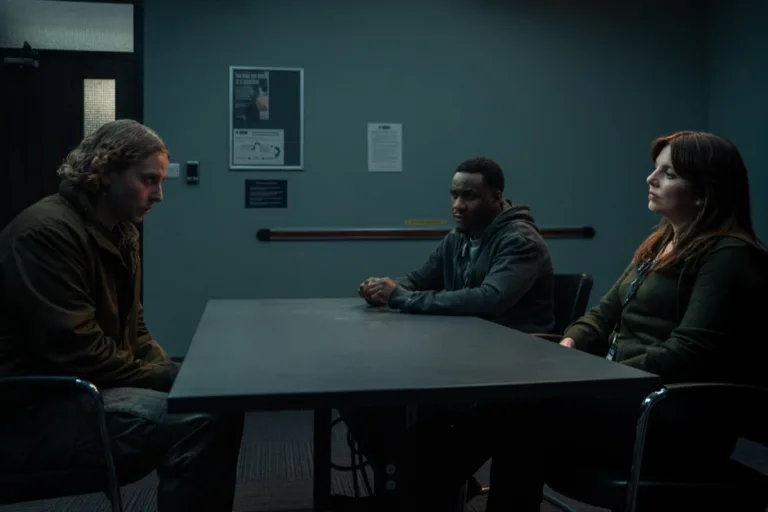 L-R Thom Ashley as Dean, Tobi Bakare as Mike Atkins and Ophelia Lovibond as Kavanagh In MobLand, episode 1, season 2, streaming on Paramount+, 2026. Photo Credit: Sophie Mutevelian/Paramount+