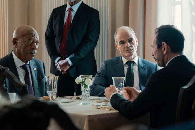 L-R: Morgan Freeman as Edwin Mullins, Michael Kelly as Byron Westfield, and Lev Gorn as Maxim Petrov in Lioness, episode 8 Season 3, streaming on Paramount+, 2025. Photo Credit: Ryan Green/Paramount+