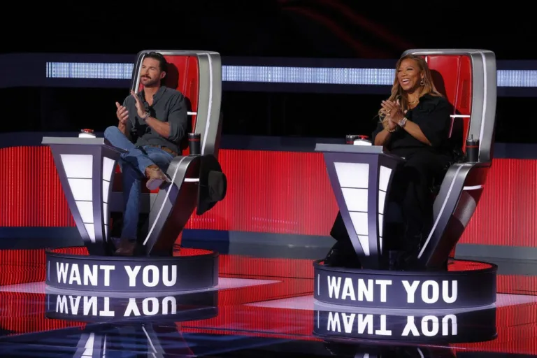 THE VOICE -- "Blind Auditions" Episode 3002 -- Pictured: (l-r) Riley Green, Queen Latifah -- (Photo by: Trae Patton/NBC)