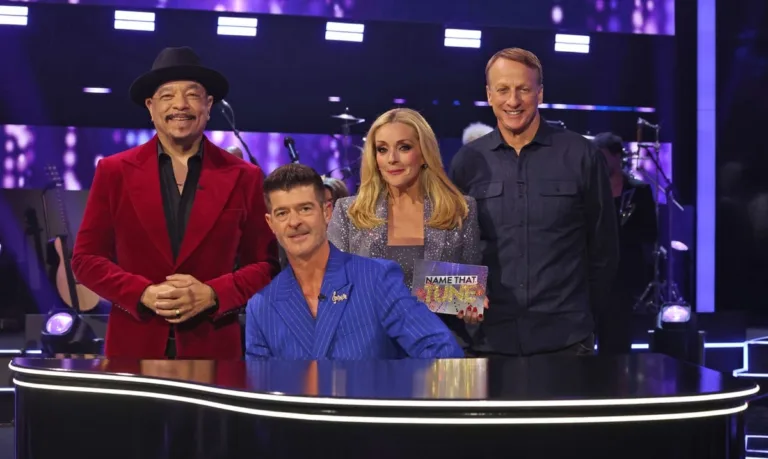 NAME THAT TUNE: L-R: Ice-T, Robin Thicke, Jane Krakowski and Tony Hawk in the Season Premiere of NAME THAT TUNE airing Monday, Sept. 21 (8:00-9:00 PM ET/PT) on FOX. CR: Sean Gleason/FOX. ©2026 FOX Media LLC.