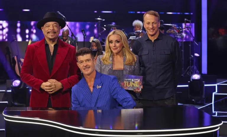 NAME THAT TUNE: L-R: Ice-T, Robin Thicke, Jane Krakowski and Tony Hawk in the Season Premiere of NAME THAT TUNE airing Monday, Sept. 21 (8:00-9:00 PM ET/PT) on FOX. CR: Sean Gleason/FOX. ©2026 FOX Media LLC.