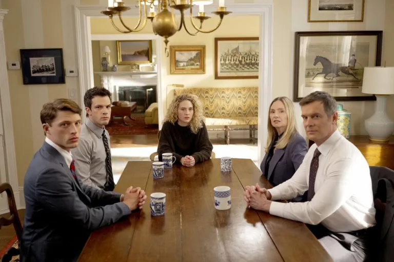 LINE OF FIRE -- "A Bigger Picture" Episode 102 -- Pictured: (l-r) Taylor Bloom as Russ Hollingsworth, Tommy O'Brien as Mike Jr. "Micah" Hollingsworth, Kat Cunning as Clare Hollingsworth, Hope Davis as Jane Hollingsworth, Peter Krause as Mike Hollingsworth -- (Photo by: Spencer Pazer/NBC)