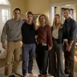 LINE OF FIRE -- "A Bigger Picture" Episode 102 -- Pictured: (l-r) Tommy O'Brien as Micah Hollingsworth, Taylor Bloom as Russ Hollingsworth, Kat Cunning as Clare Hollingsworth, Hope Davis as Jane Hollingsworth, Peter Krause as Mike Hollingsworth -- (Photo by: Spencer Pazer/NBC)