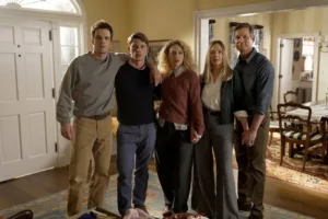 LINE OF FIRE -- "A Bigger Picture" Episode 102 -- Pictured: (l-r) Tommy O'Brien as Micah Hollingsworth, Taylor Bloom as Russ Hollingsworth, Kat Cunning as Clare Hollingsworth, Hope Davis as Jane Hollingsworth, Peter Krause as Mike Hollingsworth -- (Photo by: Spencer Pazer/NBC)