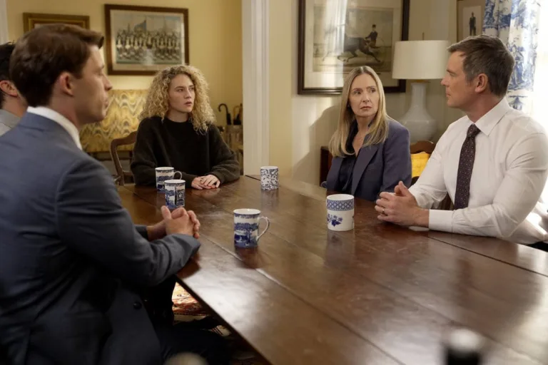 LINE OF FIRE -- "A Bigger Picture" Episode 102 -- Pictured: (l-r) Taylor Bloom as Russ Hollingsworth, Kat Cunning as Clare Hollingsworth, Hope Davis as Jane Hollingsworth, Peter Krause as Mike Hollingsworth -- (Photo by: Spencer Pazer/NBC)