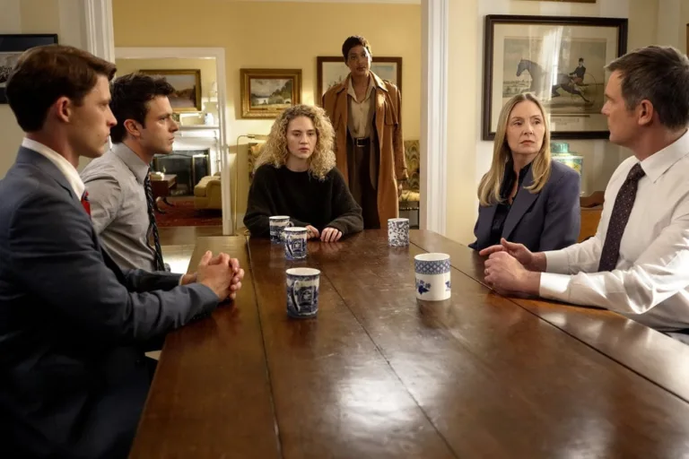 LINE OF FIRE -- "A Bigger Picture" Episode 102 -- Pictured: (l-r) Taylor Bloom as Russ Hollingsworth, Tommy O'Brien as Mike Jr. "Micah" Hollingsworth, Kat Cunning as Clare Hollingsworth, Antoinette Crowe-Legacy as Nia Wallace, Hope Davis as Jane Hollingsworth, Peter Krause as Mike Hollingsworth -- (Photo by: Spencer Pazer/NBC)