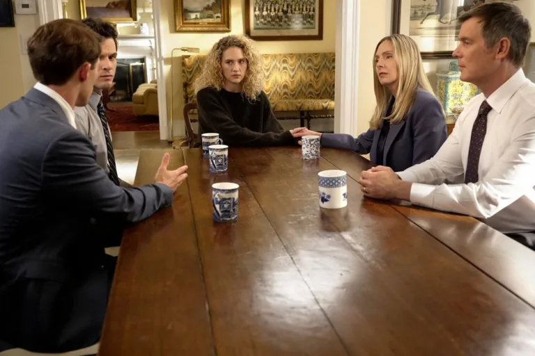 LINE OF FIRE -- "A Bigger Picture" Episode 102 -- Pictured: (l-r) Tommy O'Brien as Mike Jr. "Micah" Hollingsworth, Kat Cunning as Clare Hollingsworth, Hope Davis as Jane Hollingsworth, Peter Krause as Mike Hollingsworth  -- (Photo by: Spencer Pazer/NBC)
