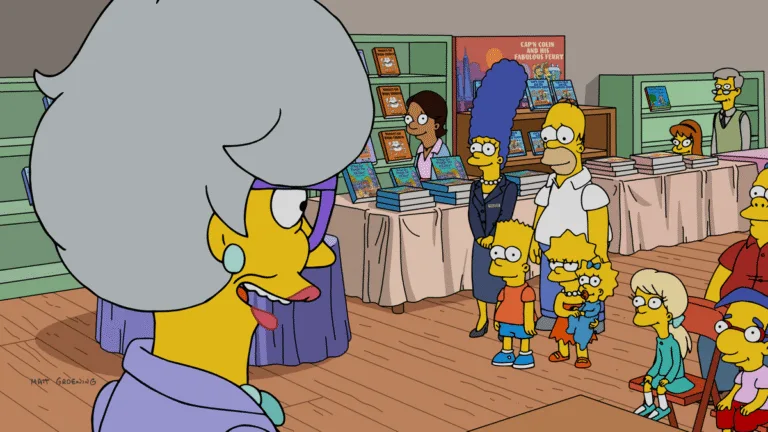 The Simpsons Season 38 Episode 1 "The Children's Book Job" - Marge hopes to save Springfield Elementary by inviting a reclusive British children’s author (guest star Emma Thompson) to appear at the school’s book fair. But Homer botches his assignment of picking the author up at the airport, and the drunken pepper pot leads him on a desperate wild chase to get her to the school on time in the all-new "The Children's Book Job" episode of THE SIMPSONS airing Sunday, Sep 27 8:00-8:30 PM ET/PT on FOX. (SI-3710)