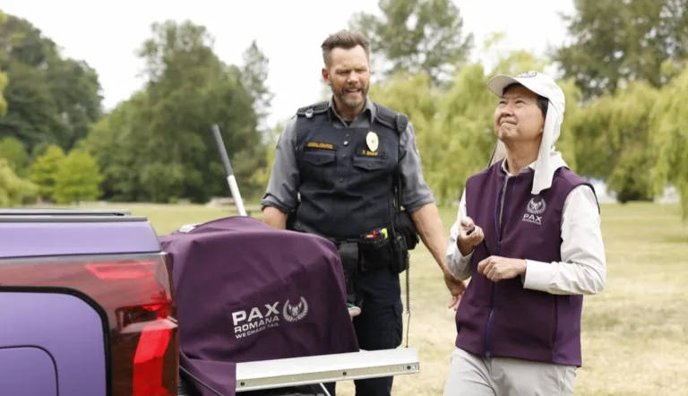 ANIMAL CONTROL: L-R: Joel McHale and Ken Jeong in the Season Five premiere episode of ANIMAL CONTROL. Frank leads the team in a work stoppage, but abandons his cause for the ultimate call - recovering the Seahawks’ missing mascot on the all-new “Seahawks and Piglets” episode of Animal Control airing Sunday, September 27 (8:30-9:00 PM ET/PT) on FOX. © 2026 Fox Media LLC. CR: Bettina Strauss/FOX.