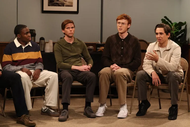 SATURDAY NIGHT LIVE -- Episode 1905 -- Pictured: (l-r) Kam Patterson, Mikey Day, Ben Marshall, and Marcello Hernández during the "Men's Support Group" sketch on Saturday, September 26, 2026 -- (Photo by: Will Heath/NBC)