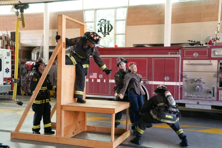 CHICAGO FIRE Season 14 Episode 1 -- "New Blood" Episode 1501 -- Pictured: (l-r) Joe Eichorst as Jansen, K.C. McNeil as Hollis, Matthew Daddario as McCaffrey, Da'Vinchi as Marcus Burke -- (Photo by: Elizabeth Sisson/NBC)