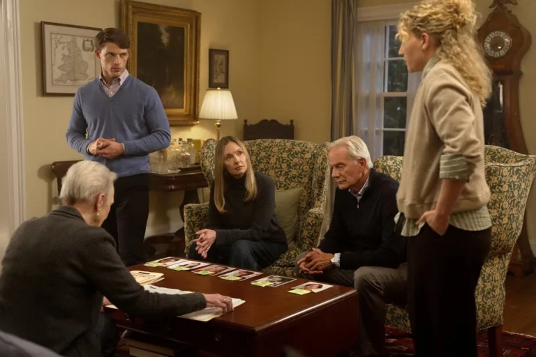 LINE OF FIRE -- "There are Two Wolves" Episode 103 -- Pictured: (l-r) Taylor Bloom as Russ Hollingsworth, Hope Davis as Jane Hollingsworth, Campbell Scott as Terry Cross, Kat Cunning as Clare Hollingsworth -- (Photo by: Spencer Pazer/NBC)