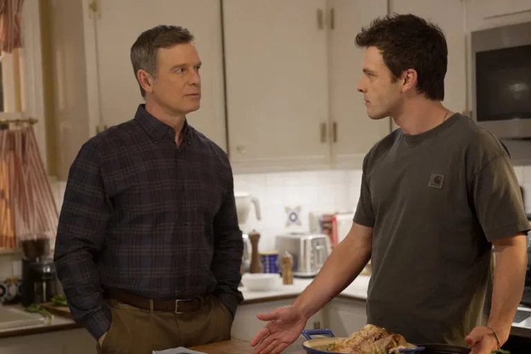 LINE OF FIRE -- "There are Two Wolves" Episode 103 -- Pictured: (l-r) Peter Krause as Mike Hollingsworth, Tommy O'Brien as Mike Jr. "Micah" Hollingsworth (Photo by: Spencer Pazer/NBC)