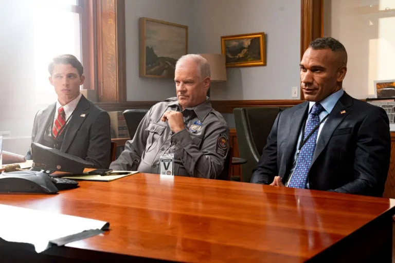 LINE OF FIRE -- "There are Two Wolves" Episode 103 -- Pictured: (l-r) Taylor Bloom as Russ Hollingsworth, Jerry O'Donnell as Det. Gerrity, Jason Tottenham as Graham Bowling -- (Photo by: Ralph Bavaro/NBC)