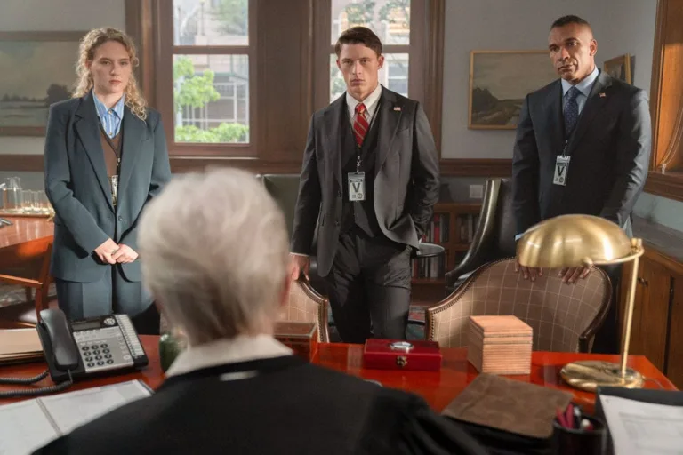 LINE OF FIRE -- "There are Two Wolves" Episode 103 -- Pictured: (l-r) Kat Cunning as Clare Hollingsworth, Taylor Bloom as Russ Hollingsworth, Jason Tottenham as Graham Bowling -- (Photo by: Ralph Bavaro/NBC)