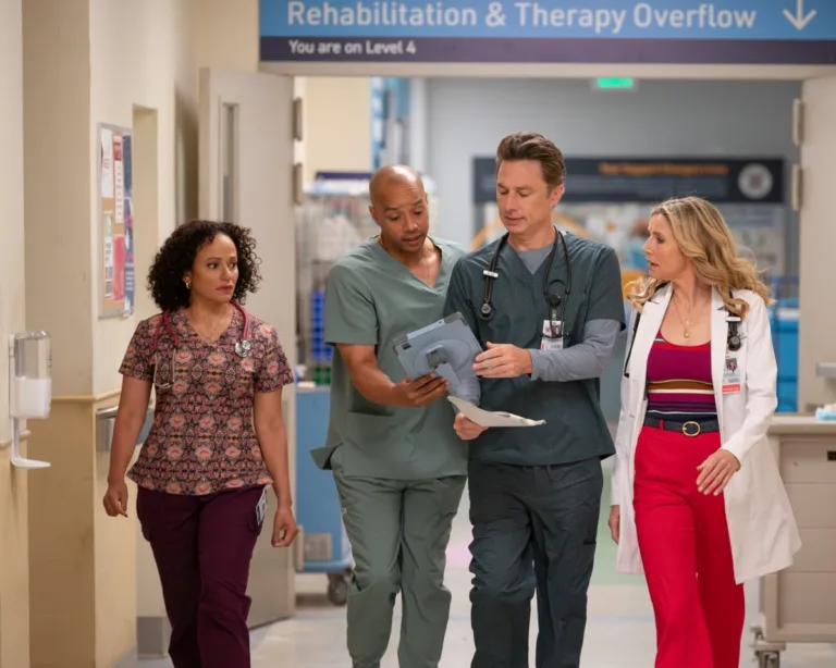 SCRUBS Season 11 Episode 1 - “My First Time in a While” - J.D. enlists Turk and Elliot to help with Dr. Cox’s care. Meanwhile, Elliot finds an unexpected burst of confidence years in the making. WEDNESDAY, SEPT. 30 (8:00-8:31 p.m. EDT) on ABC. (Disney/Sergei Bachlakov) 
JUDY REYES, DONALD FAISON, ZACH BRAFF, SARAH CHALKE