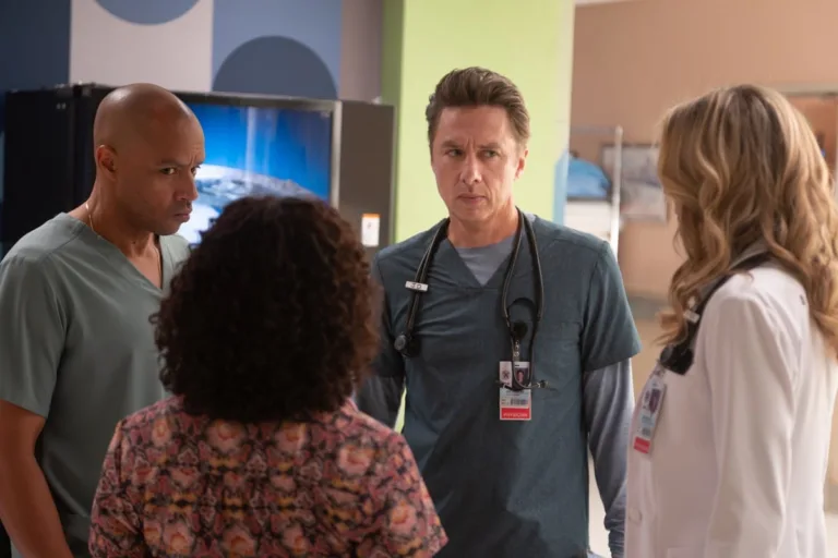 SCRUBS Season 11 Episode 1 - “My First Time in a While” - J.D. enlists Turk and Elliot to help with Dr. Cox’s care. Meanwhile, Elliot finds an unexpected burst of confidence years in the making. WEDNESDAY, SEPT. 30 (8:00-8:31 p.m. EDT) on ABC. (Disney/Sergei Bachlakov) 
DONALD FAISON, ZACH BRAFF