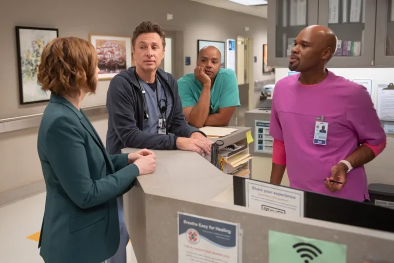 SCRUBS - “My First Time in a While” - J.D. enlists Turk and Elliot to help with Dr. Cox’s care. Meanwhile, Elliot finds an unexpected burst of confidence years in the making. WEDNESDAY, SEPT. 30 (8:00-8:31 p.m. EDT) on ABC. (Disney/Sergei Bachlakov) 
ZACH BRAFF, DONALD FAISON, MICHAEL JAMES SCOTT