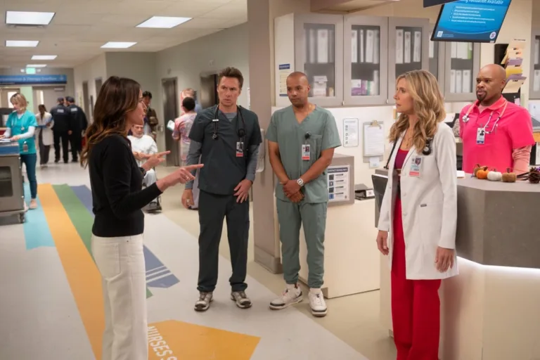 SCRUBS Season 11 Episode 1 - “My First Time in a While” - J.D. enlists Turk and Elliot to help with Dr. Cox’s care. Meanwhile, Elliot finds an unexpected burst of confidence years in the making. WEDNESDAY, SEPT. 30 (8:00-8:31 p.m. EDT) on ABC. (Disney/Sergei Bachlakov) 
CHRISTA MILLER, ZACH BRAFF, DONALD FAISON, SARAH CHALKE, MICHAEL JAMES SCOTT