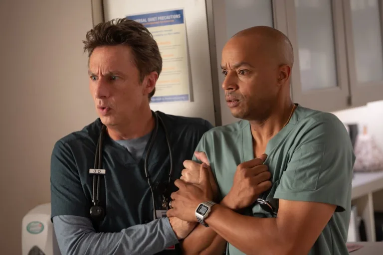 SCRUBS - “My First Time in a While” - J.D. enlists Turk and Elliot to help with Dr. Cox’s care. Meanwhile, Elliot finds an unexpected burst of confidence years in the making. WEDNESDAY, SEPT. 30 (8:00-8:31 p.m. EDT) on ABC. (Disney/Sergei Bachlakov) 
ZACH BRAFF, DONALD FAISON