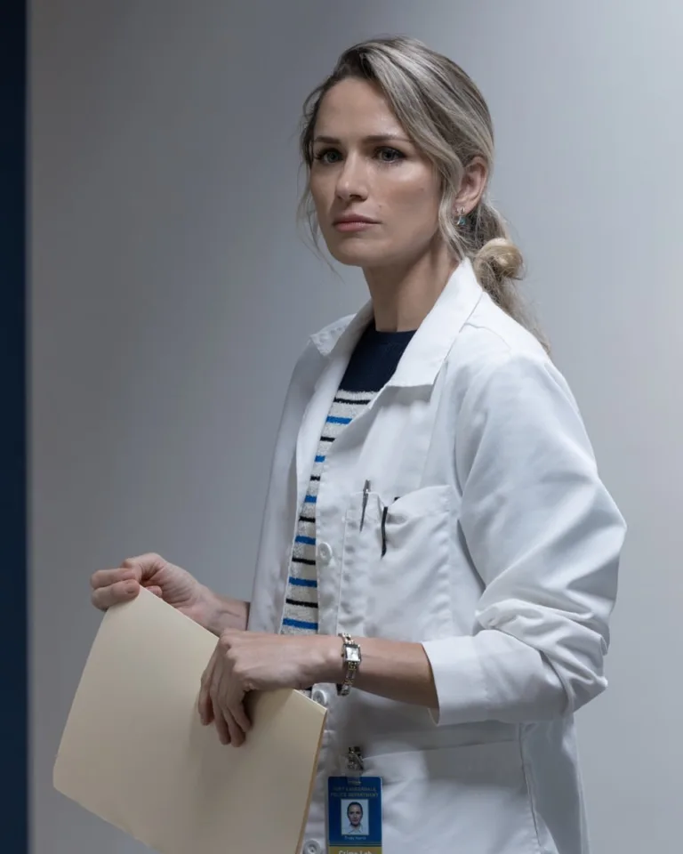 Trudy Harris (Shantel VanSanten) holds a case folder in the crime lab in “The Angler.”