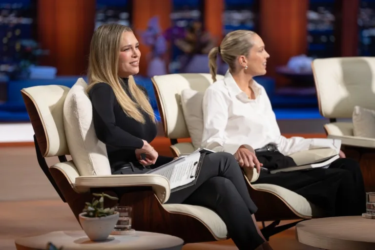 Erin and Sara Foster sit in the Shark chairs during “Favorite Daughters,” Shark Tank Season 18 Episode 2.
