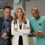 J.D. (Zach Braff), Elliot (Sarah Chalke) and Turk (Donald Faison) stand together at Sacred Heart in Scrubs Season 11 Episode 2, “My Mentee.”