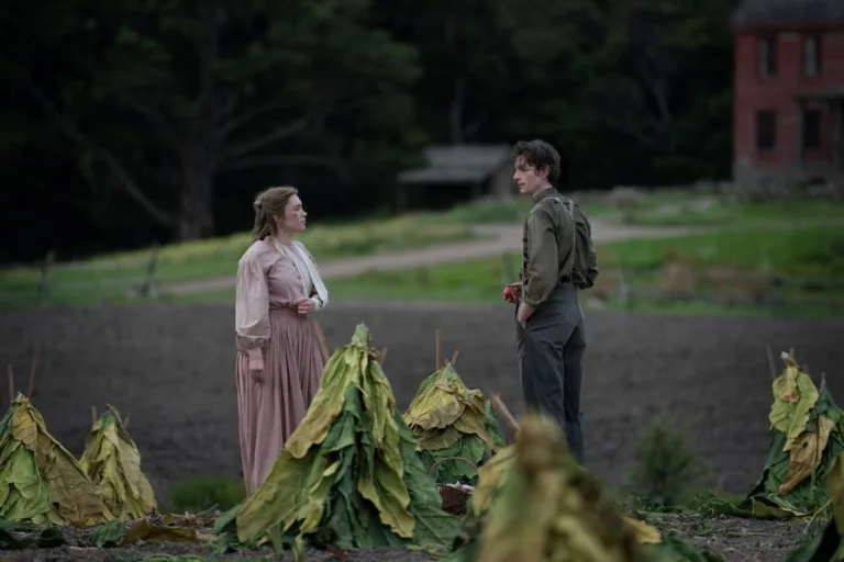 East of Eden. (L to R) Florence Pugh as Cathy Ames, Mike Faist as Charles Trask in episode 102 of East of Eden. Cr. Geoffrey Short/Netflix © 2026