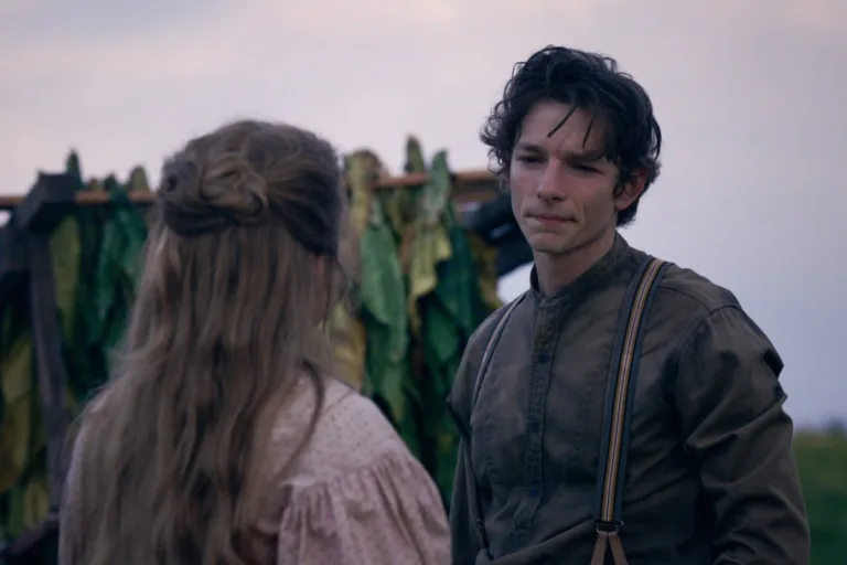 East of Eden. (L to R) Florence Pugh as Cathy Ames, Mike Faist as Charles Trask in episode 102 of East of Eden. Cr. Courtesy of Netflix © 2026