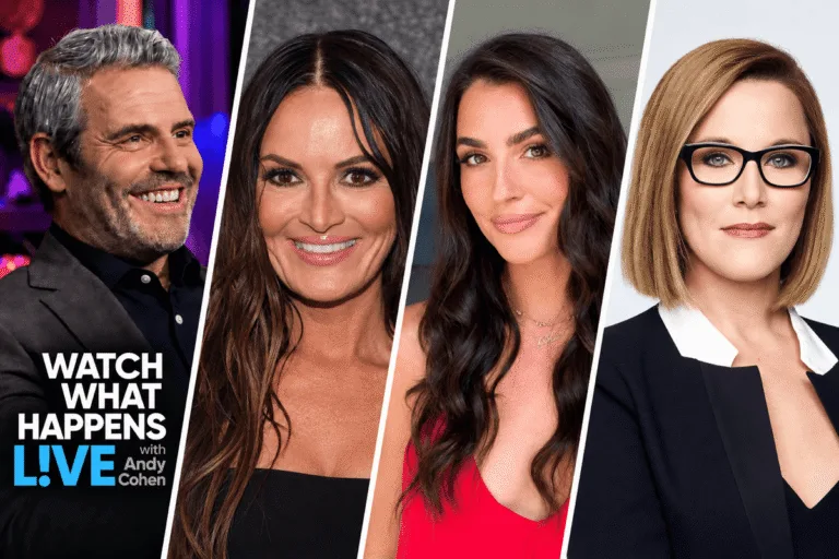 Andy Cohen and Watch What Happens Live guests Lisa Barlow, Erika Hammond and S.E. Cupp in a four-panel collage