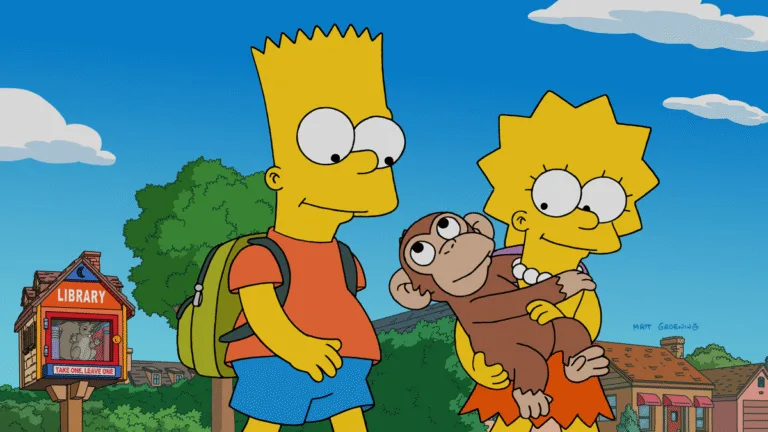 Bart and Lisa smile at the baby chimp as Lisa holds it near a little library.