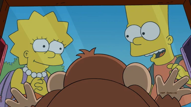 Lisa and Bart Simpson face the baby chimp as Bart talks to it.