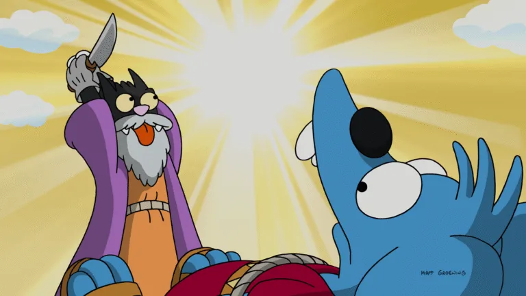 A knife-wielding bird faces a blue cartoon creature in a scene from “Diary of a Chimpy Kid.”