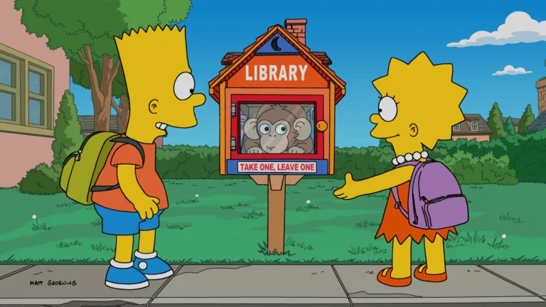 Bart and Lisa stand outside a little library with a baby chimp peering through its window.