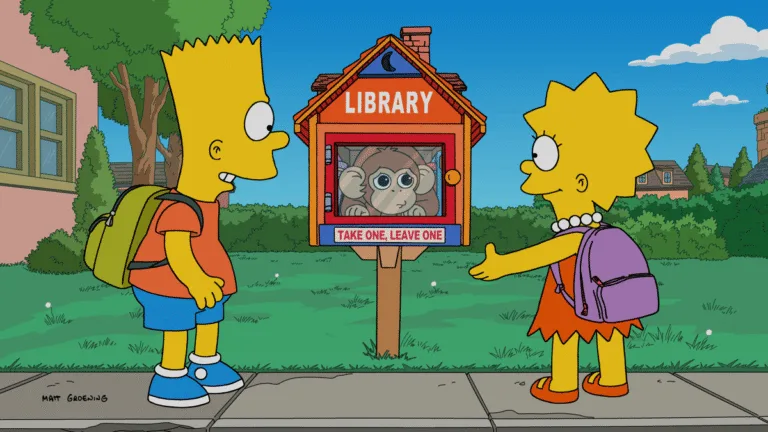 Bart and Lisa discover a baby chimp inside a neighborhood little library.